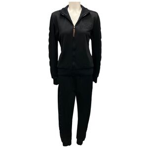 FENDI BLACK LOGO EMBOSSED JERSEY PIQUE TRACK JACKET AND TRACK PANTS SET